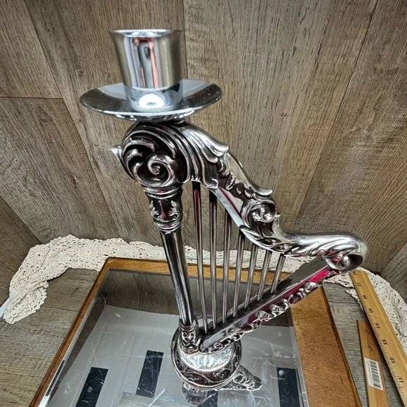Vintage Beautiful Gothic Harp Candle Holder Silver Plate 11.5” - Picture 14 of 16